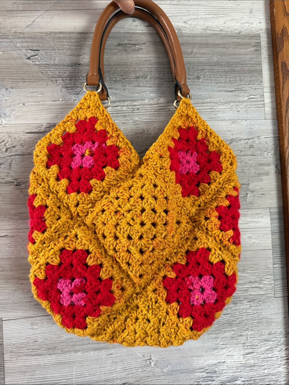 Handmade Mustard Crochet Shoulder Bag with Pink & Red Floral Squares - Picture 2 of 4